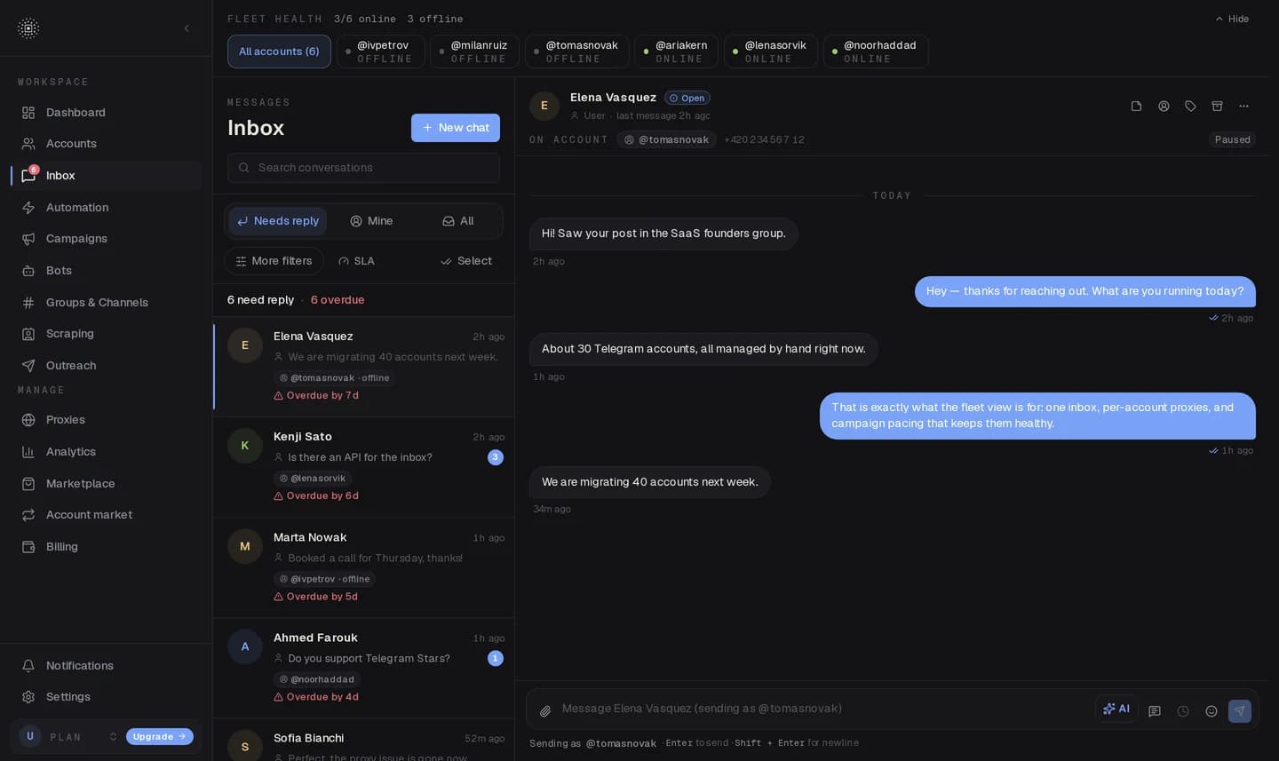 The TelegramOS shared inbox showing accounts, conversations and an open customer thread